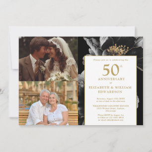 Chic Floral Then And Now 50th Anniversary 2 Photo Invitation