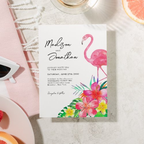 Chic Floral Tropical Paradise Flamingo Wedding Invitation