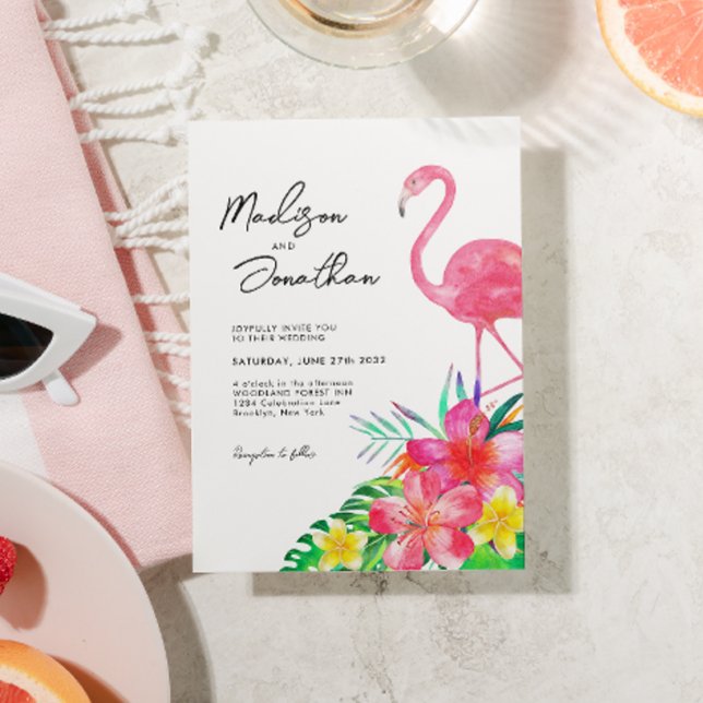 Chic Floral Tropical Paradise Flamingo Wedding Invitation (Creator Uploaded)