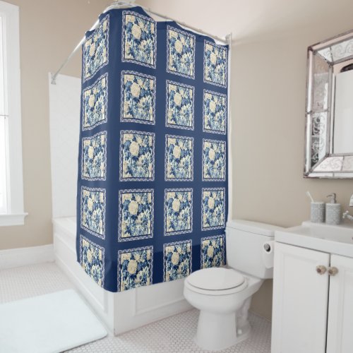 Chic floral vase Blue chinoiserie toile  monogram Shower Curtain