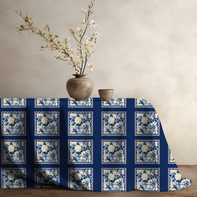 Chic floral vase Blue chinoiserie toile  monogram Tablecloth (Creator Uploaded)