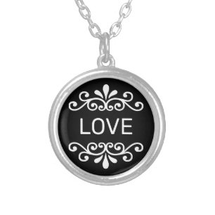 Chic floral vector and love text on black silver plated necklace