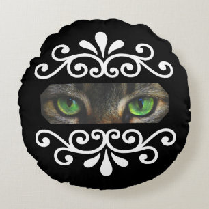 Chic floral vector cat eyes custom photo on black round pillow
