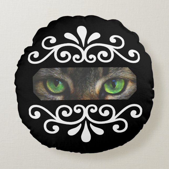 Chic floral vector cat eyes custom photo on black round pillow (Front)