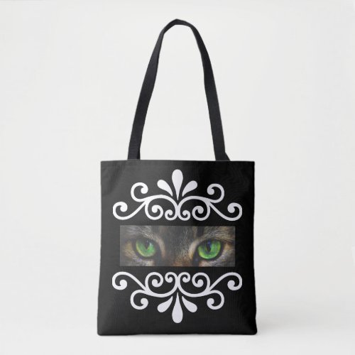 Chic floral vector cat eyes custom photo on black tote bag