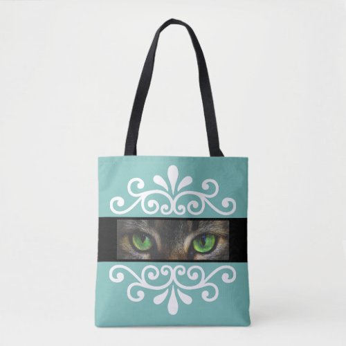 Chic floral vector cat eyes custom photo on teal tote bag