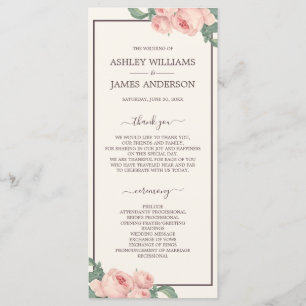Chic Floral Vintage Pink Rose Off-white Wedding Program
