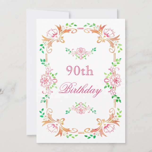 Chic Floral Watercolor 90th Birthday Double Sided Invitation (Front)