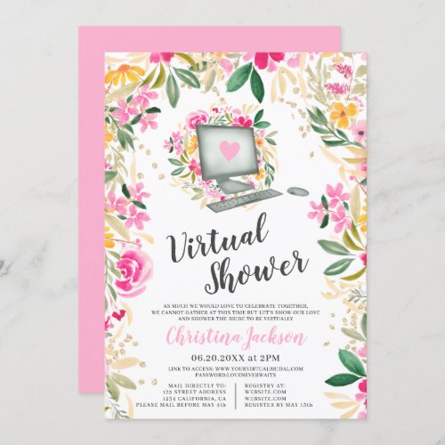 Chic floral watercolor gold bridal virtual shower invitation