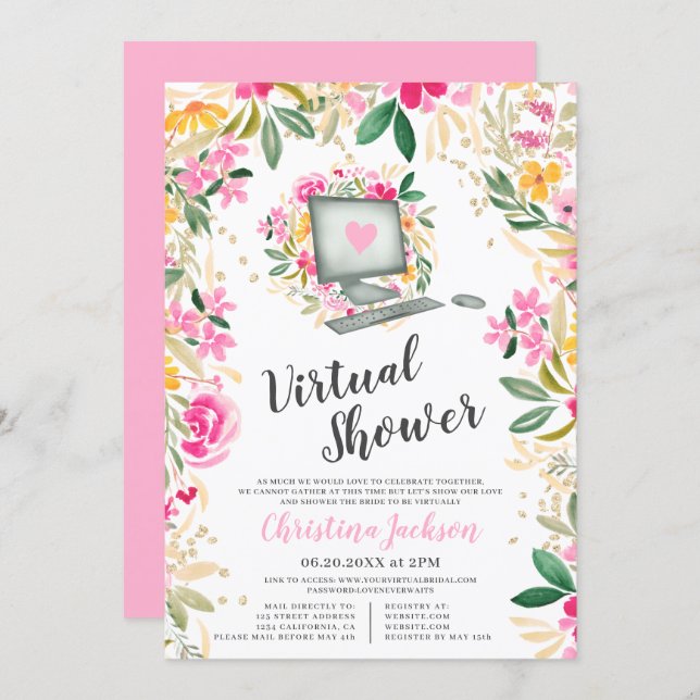 Chic floral watercolor gold bridal virtual shower invitation (Front/Back)