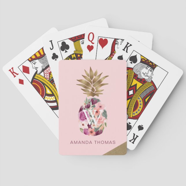 Chic Floral Watercolor Golden Pineapple Pink Poker Cards (Back)