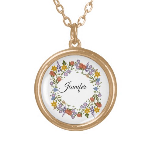 Chic Floral Watercolor Personalized Name Gold Plated Necklace