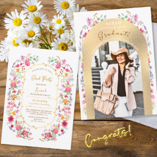 chic floral watercolor photo graduation party invitation