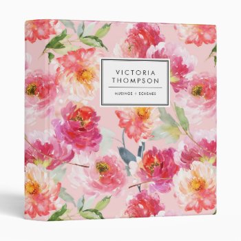 Chic Floral Watercolor Pink Peonies Pattern 3 Ring Binder by KeikoPrints at Zazzle