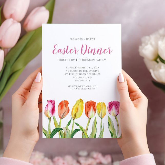 Chic Floral Watercolor Tulip Easter Dinner  Invitation (Chic Floral Watercolor Tulip Easter Dinner Invitation)