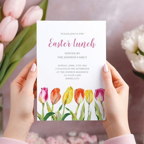 Chic Floral Watercolor Tulip Easter Lunch Invitation