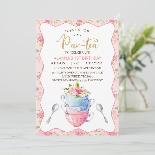Chic Floral Wave Teacups 1st Birthday Tea Party  Invitation