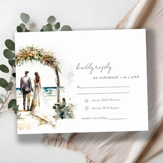 Chic Floral Wedding Arch Beach Seascape Wedding RSVP Card (Creator Uploaded)