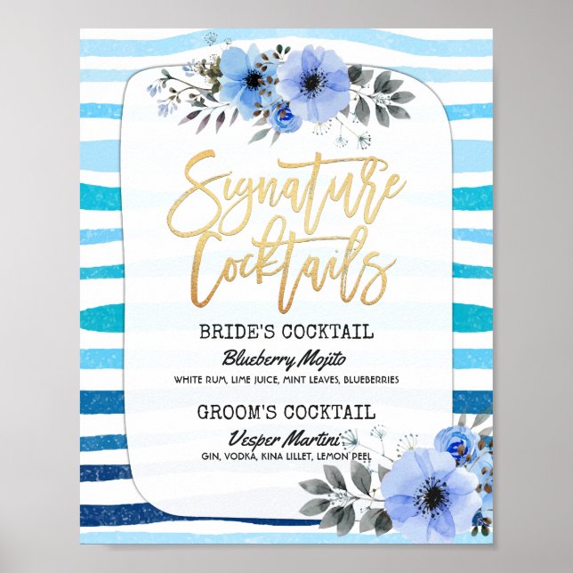 Chic Floral Wedding Signature Cocktail Drink Menu Poster (Front)