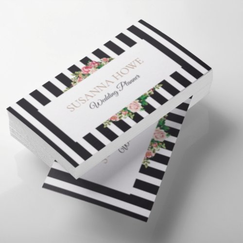 Chic Floral Wedding Stripes Business Card