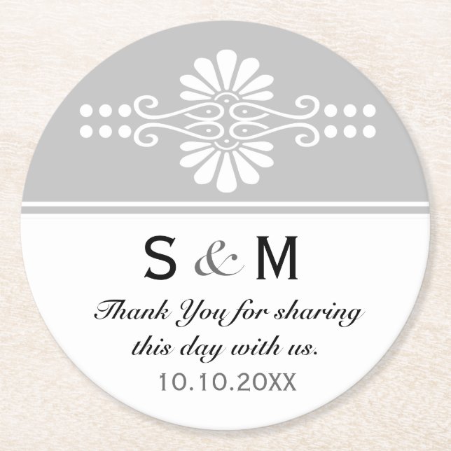 Chic Floral Wedding Thank You Monogram:Gray White Round Paper Coaster (Front)
