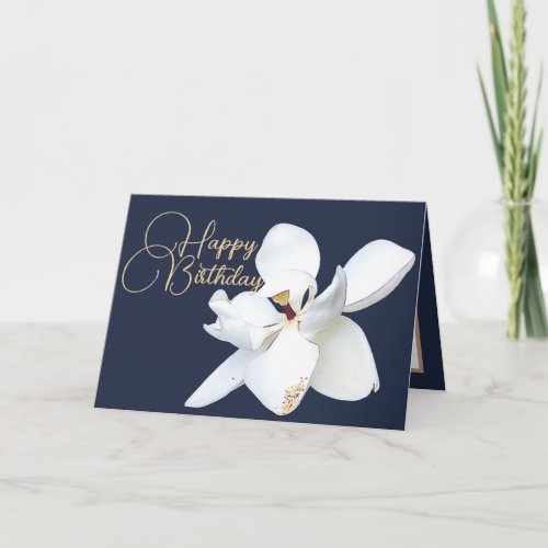 Chic Floral White Magnolia Flower Blue Birthday Card