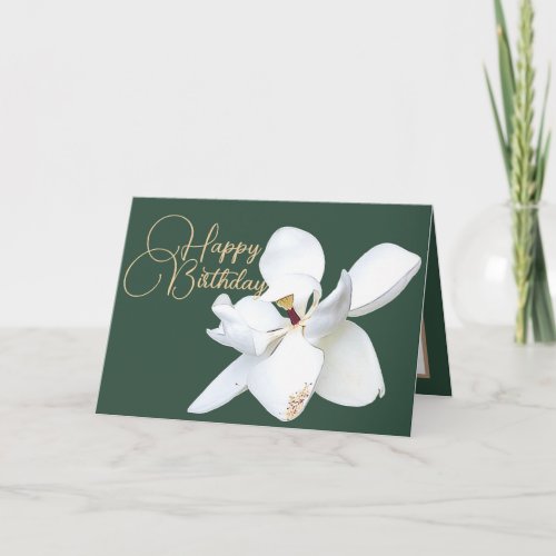 Chic Floral White Magnolia Flower Green Birthday Card