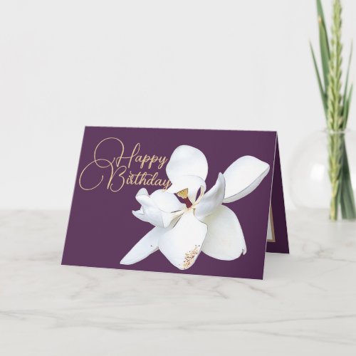 Chic Floral White Magnolia Flower Purple Birthday Card