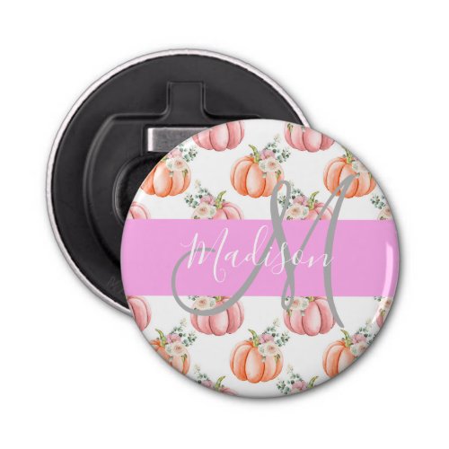 Chic Floral White Pink Peach Pumpkin Monogram Name Bottle Opener