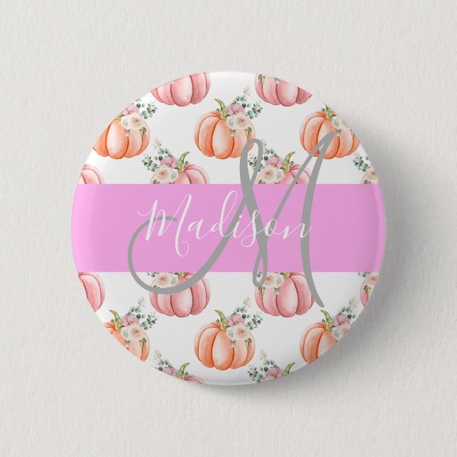Chic Floral White Pink Peach Pumpkin Monogram Name Button (Front)