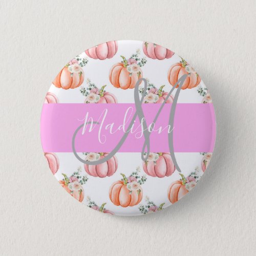 Chic Floral White Pink Peach Pumpkin Monogram Name Button