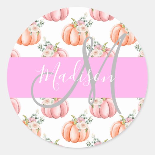 Chic Floral White Pink Peach Pumpkin Monogram Name Classic Round Sticker