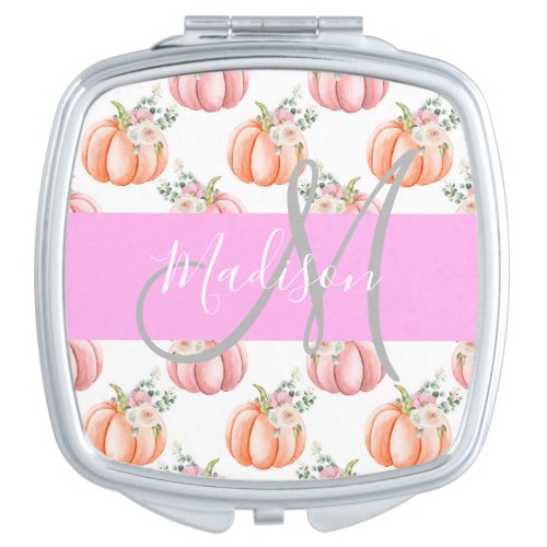 Chic Floral White Pink Peach Pumpkin Monogram Name Compact Mirror