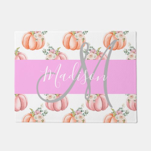 Chic Floral White Pink Peach Pumpkin Monogram Name Doormat