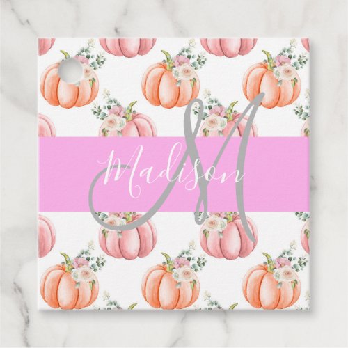 Chic Floral White Pink Peach Pumpkin Monogram Name Favor Tags