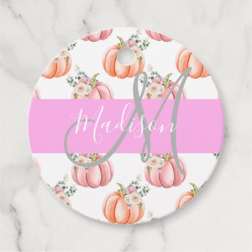 Chic Floral White Pink Peach Pumpkin Monogram Name Favor Tags