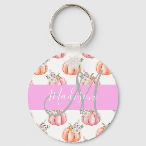 Chic Floral White Pink Peach Pumpkin Monogram Name Keychain