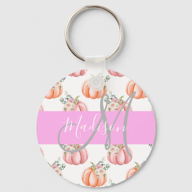 Chic Floral White Pink Peach Pumpkin Monogram Name Keychain (Front)