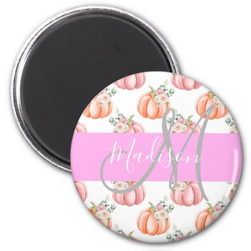 Chic Floral White Pink Peach Pumpkin Monogram Name Magnet