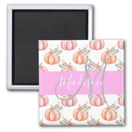 Chic Floral White Pink Peach Pumpkin Monogram Name Magnet