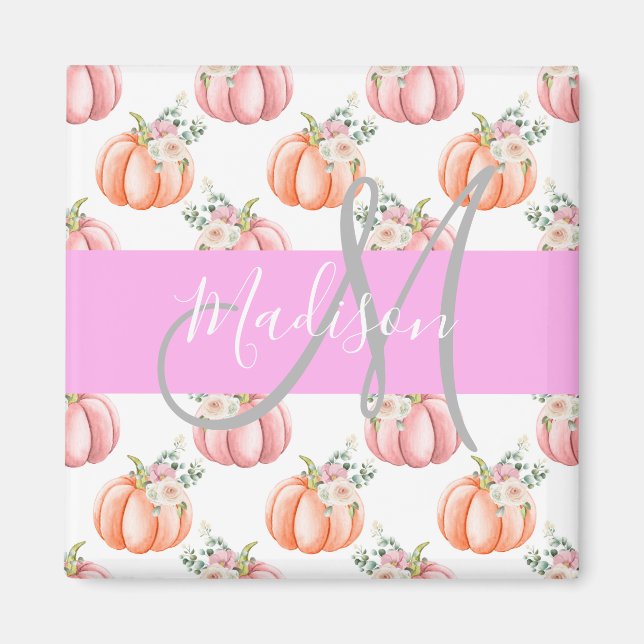 Chic Floral White Pink Peach Pumpkin Monogram Name Magnet (Front)