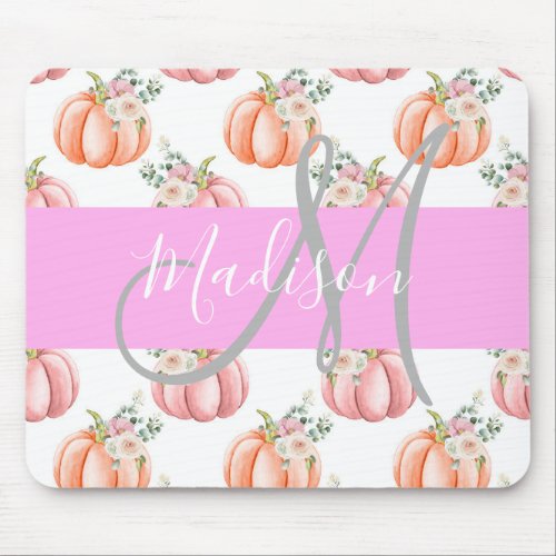 Chic Floral White Pink Peach Pumpkin Monogram Name Mouse Pad