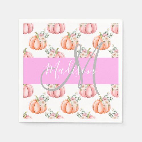 Chic Floral White Pink Peach Pumpkin Monogram Name Napkins