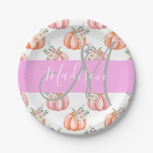 Chic Floral White Pink Peach Pumpkin Monogram Name Paper Plates