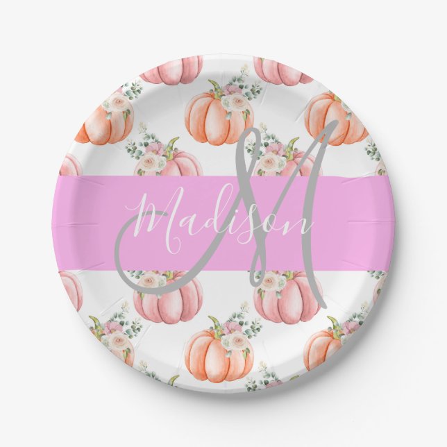 Chic Floral White Pink Peach Pumpkin Monogram Name Paper Plates (Front)