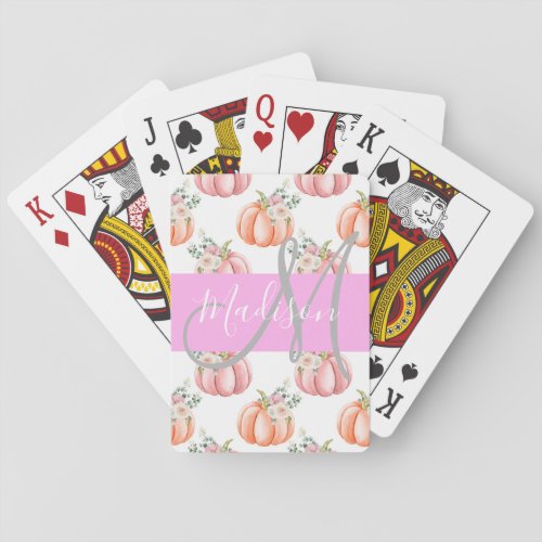 Chic Floral White Pink Peach Pumpkin Monogram Name Poker Cards