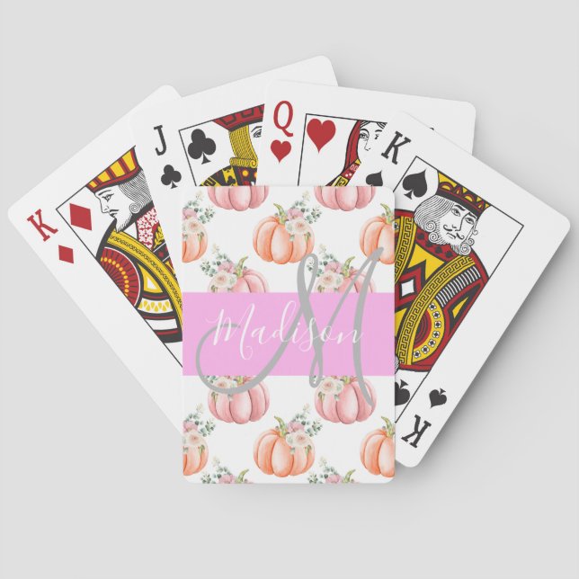 Chic Floral White Pink Peach Pumpkin Monogram Name Poker Cards (Back)