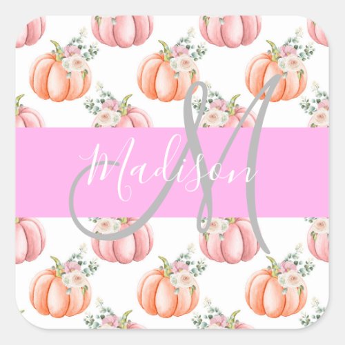 Chic Floral White Pink Peach Pumpkin Monogram Name Square Sticker