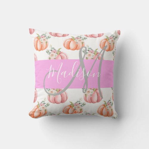 Chic Floral White Pink Peach Pumpkin Monogram Name Throw Pillow