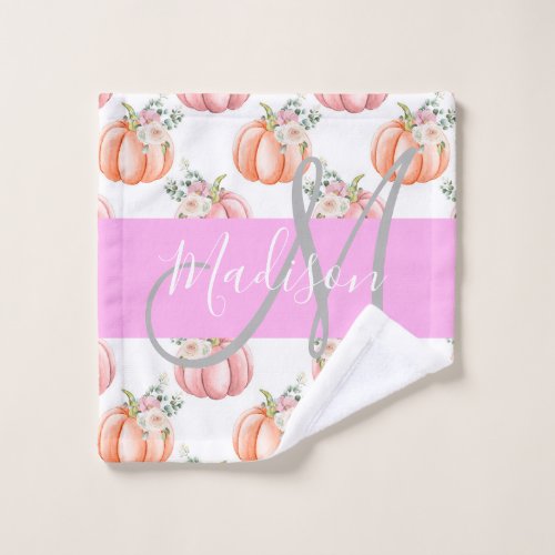 Chic Floral White Pink Peach Pumpkin Monogram Name Wash Cloth